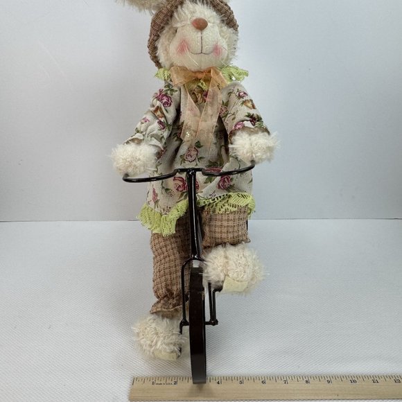 Floral Bunny Plush Doll On Metal Tricycle With Wicker Basket Floral Accents 19" - Picture 13 of 13